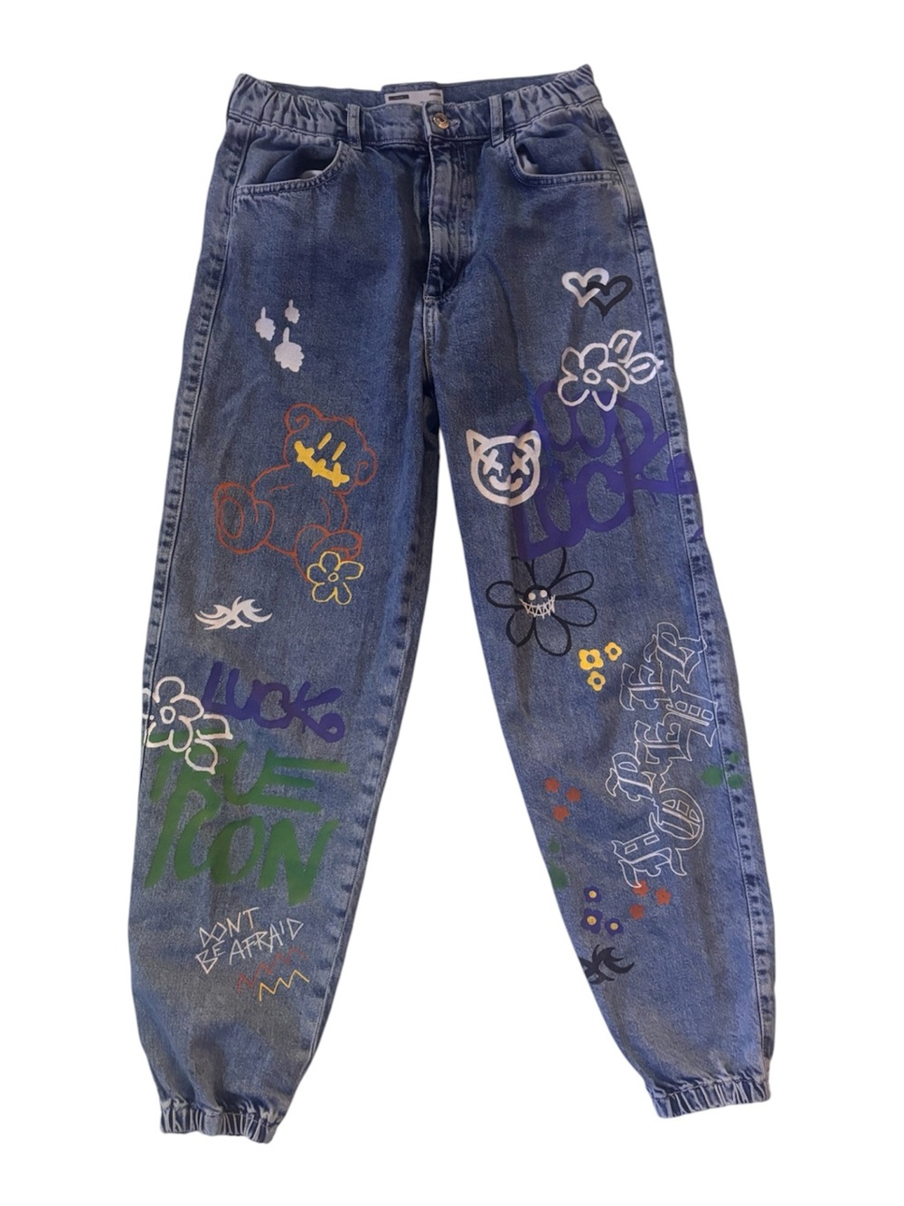 Bershka Blue Denim Jogger Jeans with Multicolor Graffiti